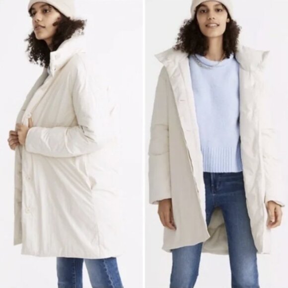Madewell x Buffy Bleached Linen Ivory Off-White PrimaLoft Puffer Coat XL NWT - Picture 2 of 14